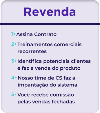 Revenda 1.Assina Contrato 2.Treinamentos comerciais recorrentes 3.Identifica potenciais clientes e faz a venda do produto 4.Nosso time de CS faz a impantação do sistema 5.Você recebe comissão pelas vendas fechadas