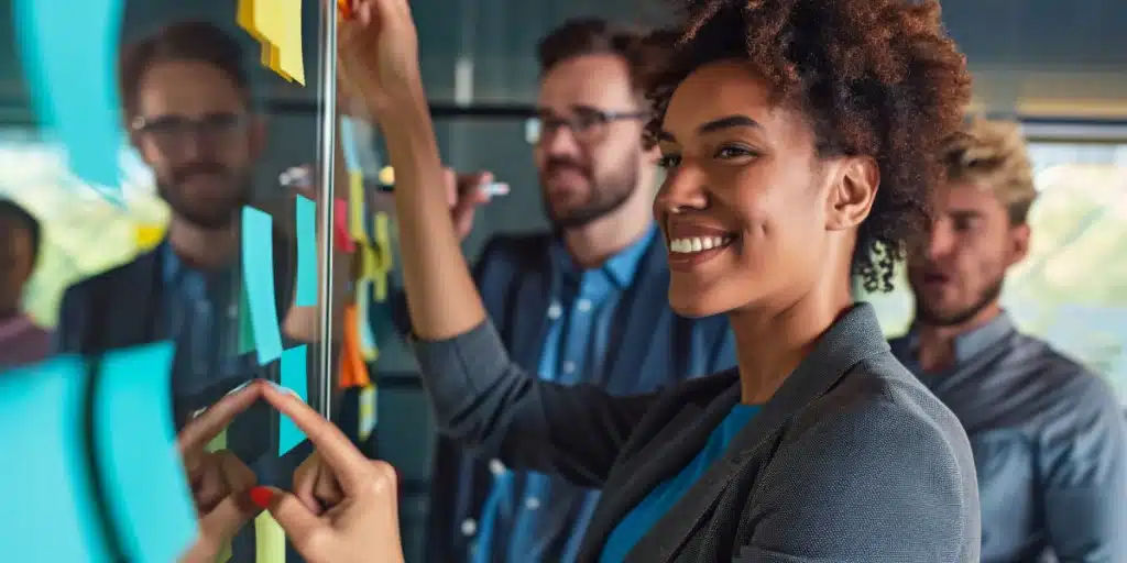 Uma equipe empresarial de RH analisando todas as tendências para RH com uma mulher negra à frente e dois homens brancos ao fundo. Eles estão conversando diante de uma parede de ideias
