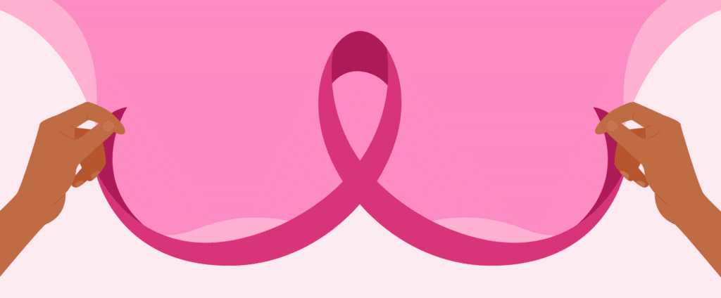 duas mãos segurando um tecido rosa formando uma fita de conscientização sobre o câncer de mama no centro, simbolizando o apoio ao câncer de mama no ambiente de trabalho