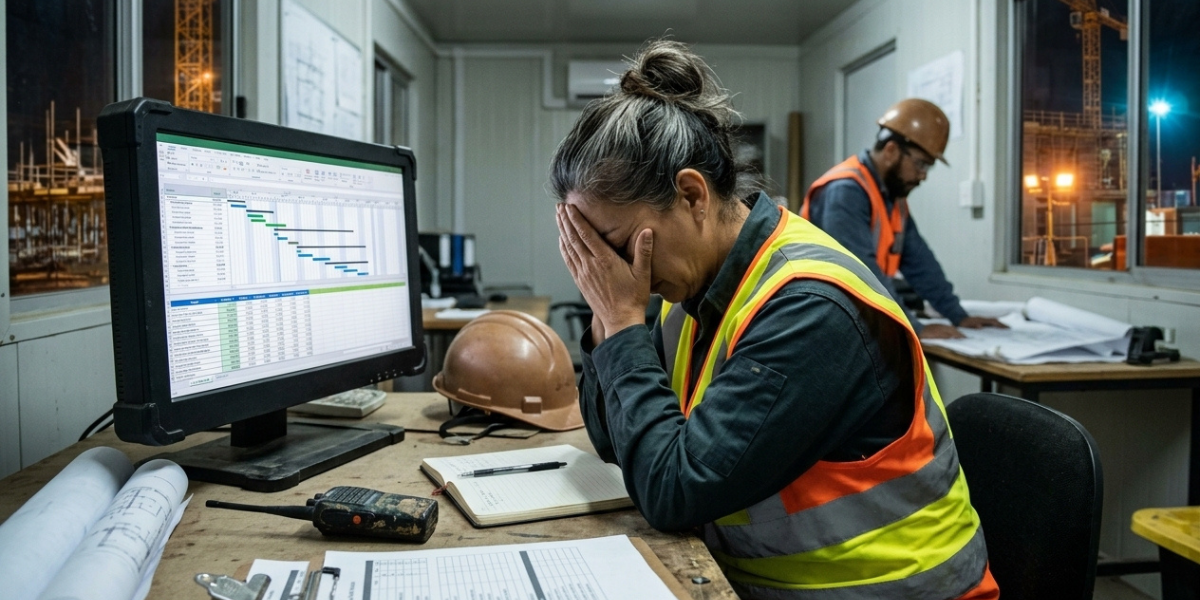 engenheira monitoramento computador em escritorio de obra