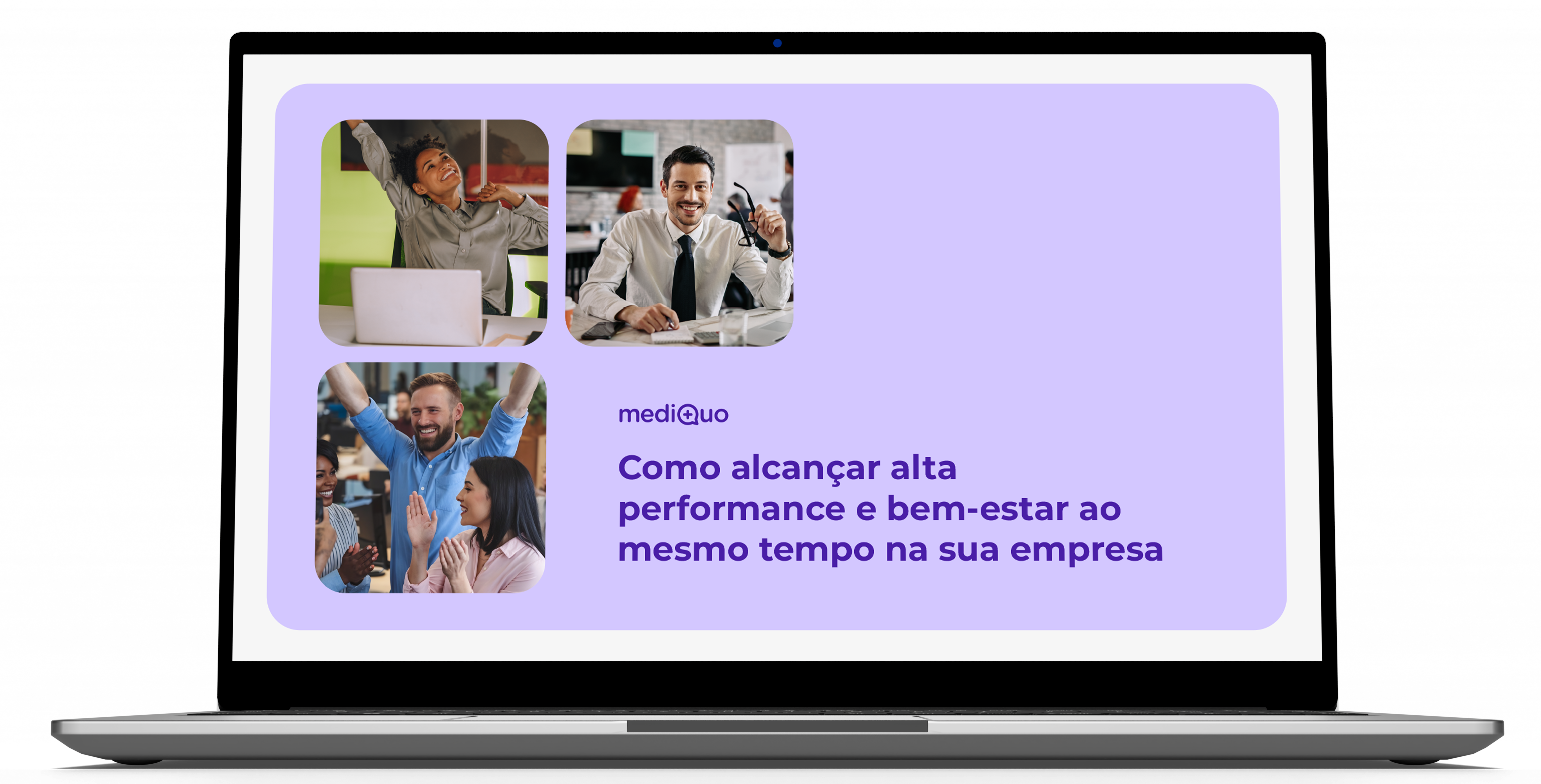 Notebook exibindo uma apresentação institucional com o tema “Como alcançar alta performance e bem-estar ao mesmo tempo na sua empresa”. A composição traz imagens de colaboradores felizes e engajados, ilustrando um ambiente corporativo saudável. Ideal para conteúdos de RH voltados à gestão de pessoas, qualidade de vida no trabalho, cultura organizacional positiva e estratégias para melhorar o clima interno nas empresas.