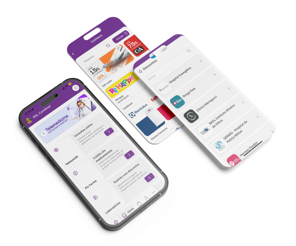 Interface do aplicativo MediQuo mostrando telemedicina, consultas online, descontos em medicamentos e parcerias com laboratórios e clínicas no celular.