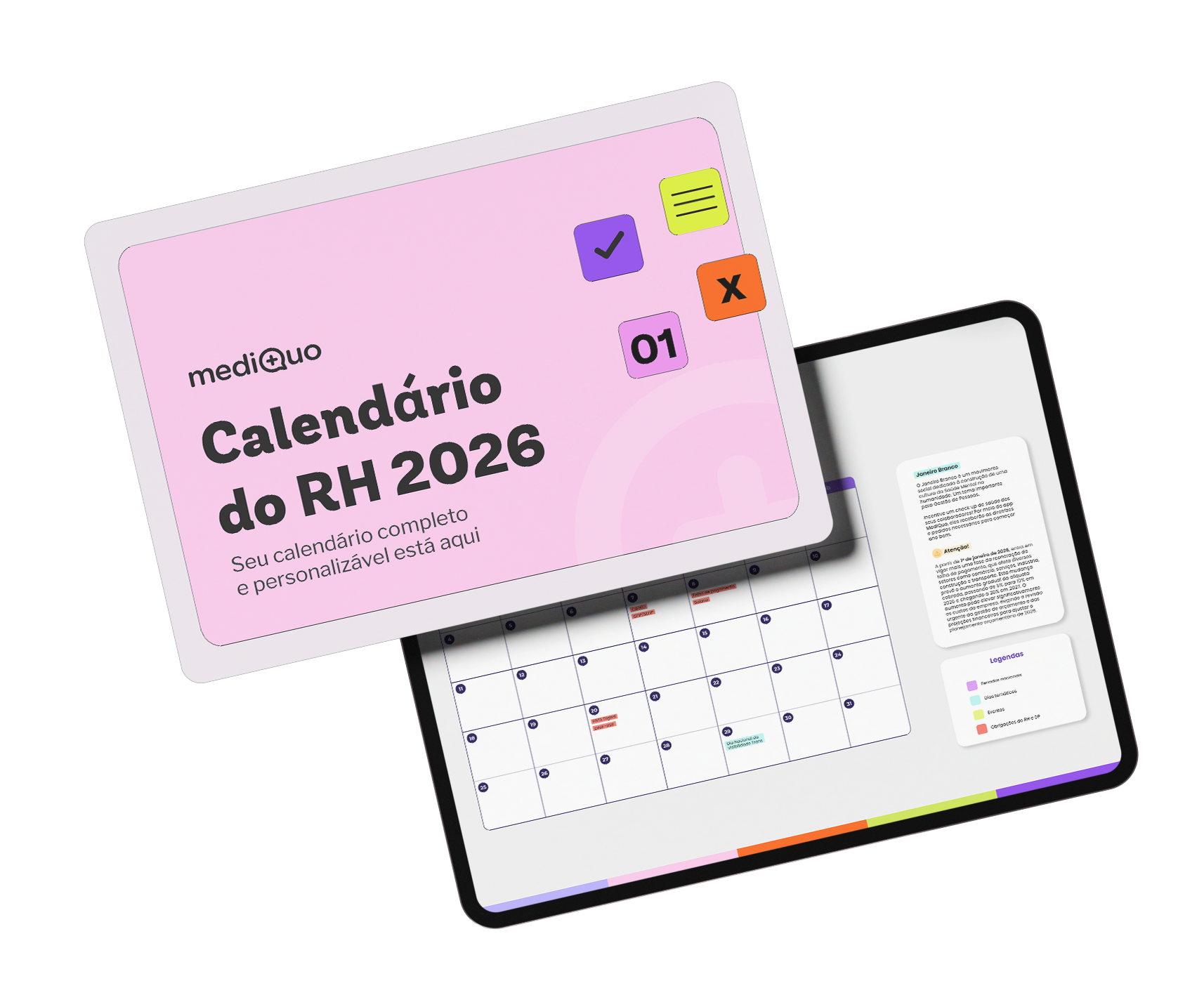 Mockup de dois tablets exibindo o “Calendário do RH 2026” da mediquo, em tons modernos de rosa e roxo. A imagem destaca o título “Seu calendário completo e personalizável está aqui”, sugerindo praticidade e organização para profissionais de RH. Ideal para ilustrar o download gratuito do calendário anual.