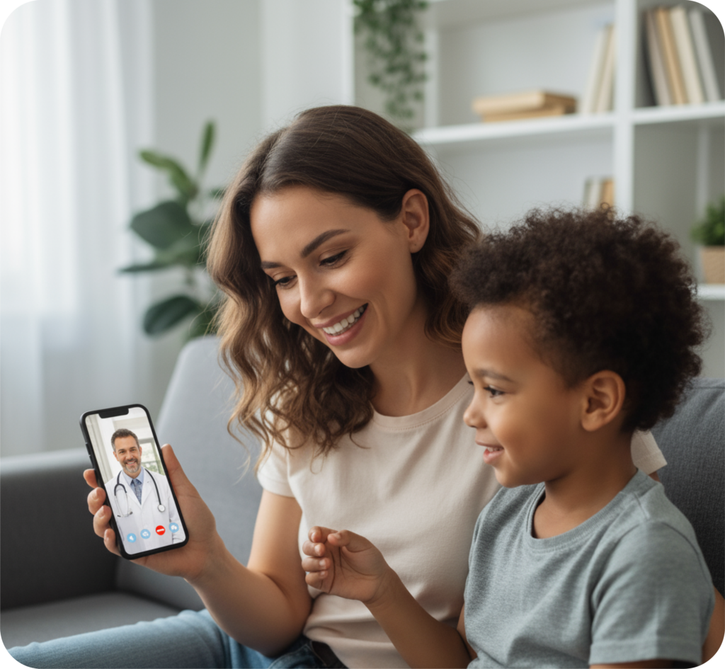 Mãe e filho sorrindo durante videoconsulta com médico pelo aplicativo MediQuo, representando o benefício de orientação pediátrica disponível para colaboradores e seus dependentes.