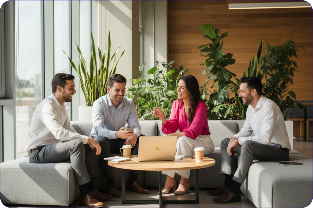 Equipe corporativa reunida em ambiente moderno discutindo processos de segurança do trabalho, ilustrando a colaboração necessária para aplicar o checklist de NR-01.