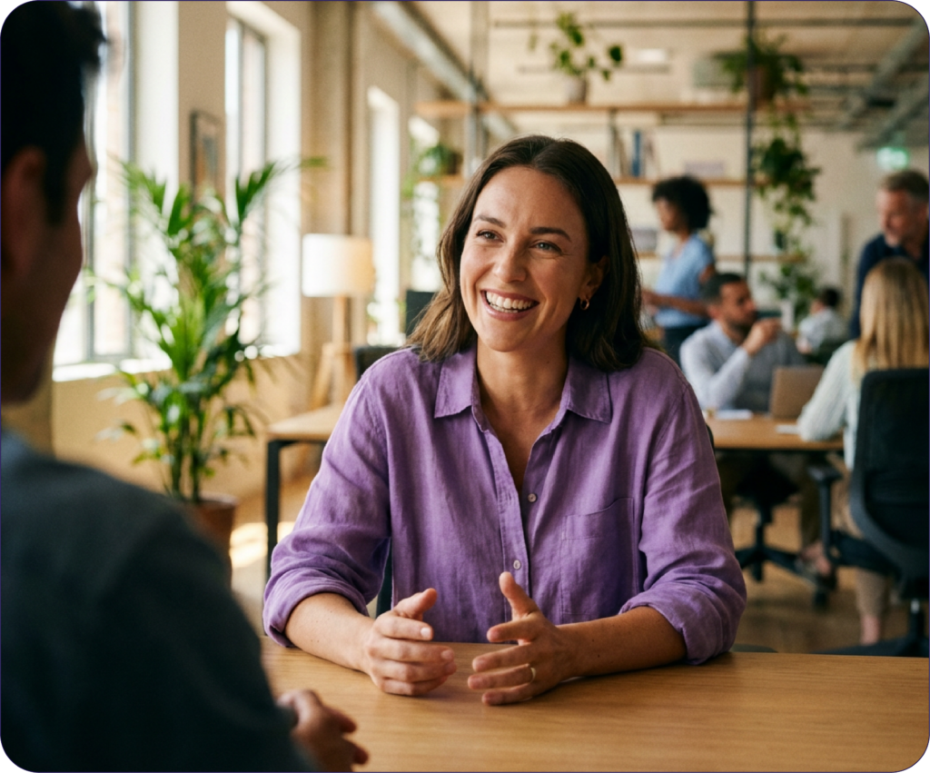 Profissionais em conversa no ambiente de trabalho, representando o diálogo e a prevenção de riscos psicossociais conforme a NR-01.