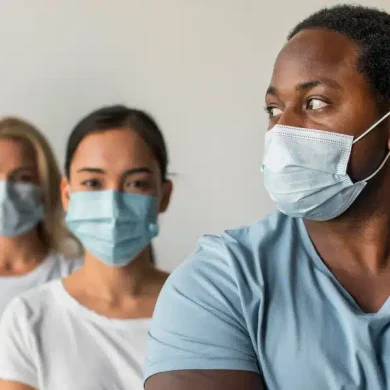 um grupo de colaboradores que estão usando máscara para despertar a conscientização acerca das doenças ocupacionais que afetam os colaboradores