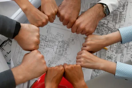 colaboradores de uma empresa com as mãos unidas em prol de um objetivo único. Isso garante que o clima organizacional da empresa está em bons níveis, porque demonstra a união da equipe e a satisfação do time