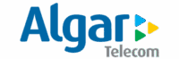 Logotipo da Algar Telecom com a palavra Algar em letras azuis em negrito, Telecom em cinza e três formas triangulares em verde, amarelo e azul à direita
